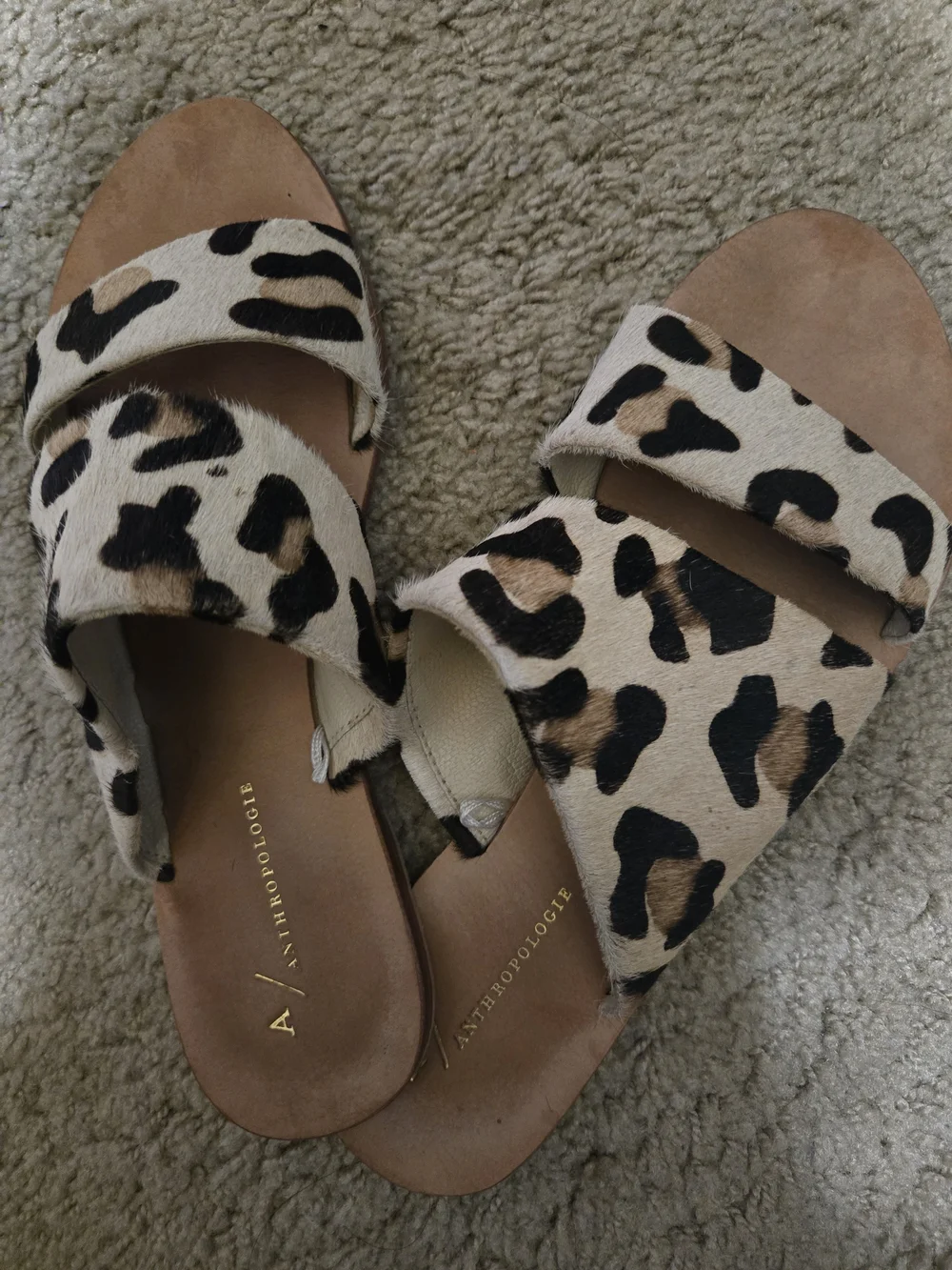 Anthropologie Leopard Print Slide Sandals - Tan, Black, Cream